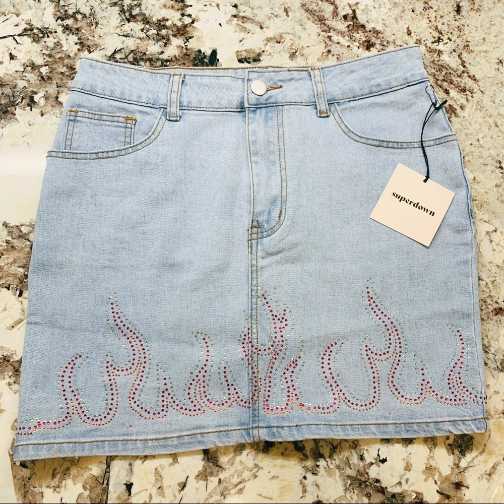 Superdown X Revolve denim rhinestone mini skirt